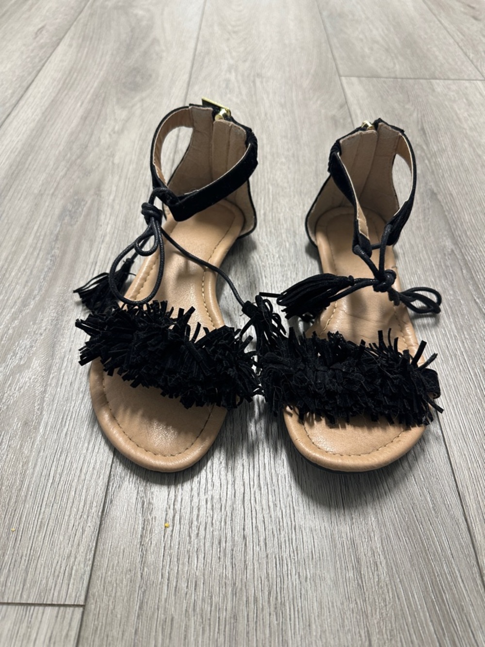 Black Fringe Ankle Tie Flat Sandals